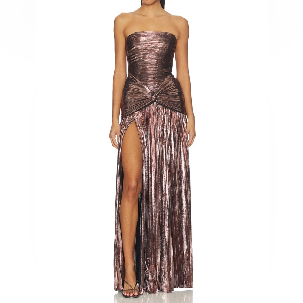 Retrofete Aelita dress is metallic mauve XS Strapless Metallic Gown with Slit